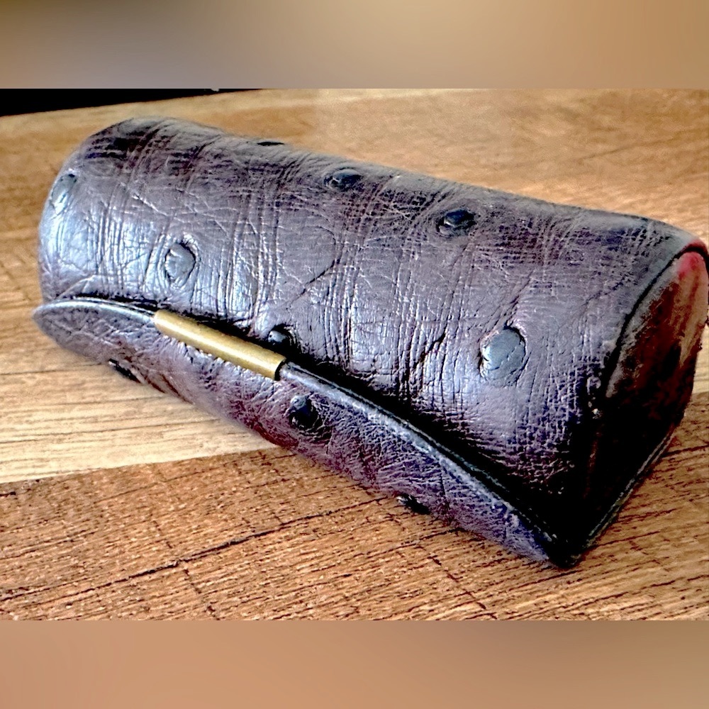 Vintage VIA LA MODA brown Ostrich leather lipstick holder with mirror.